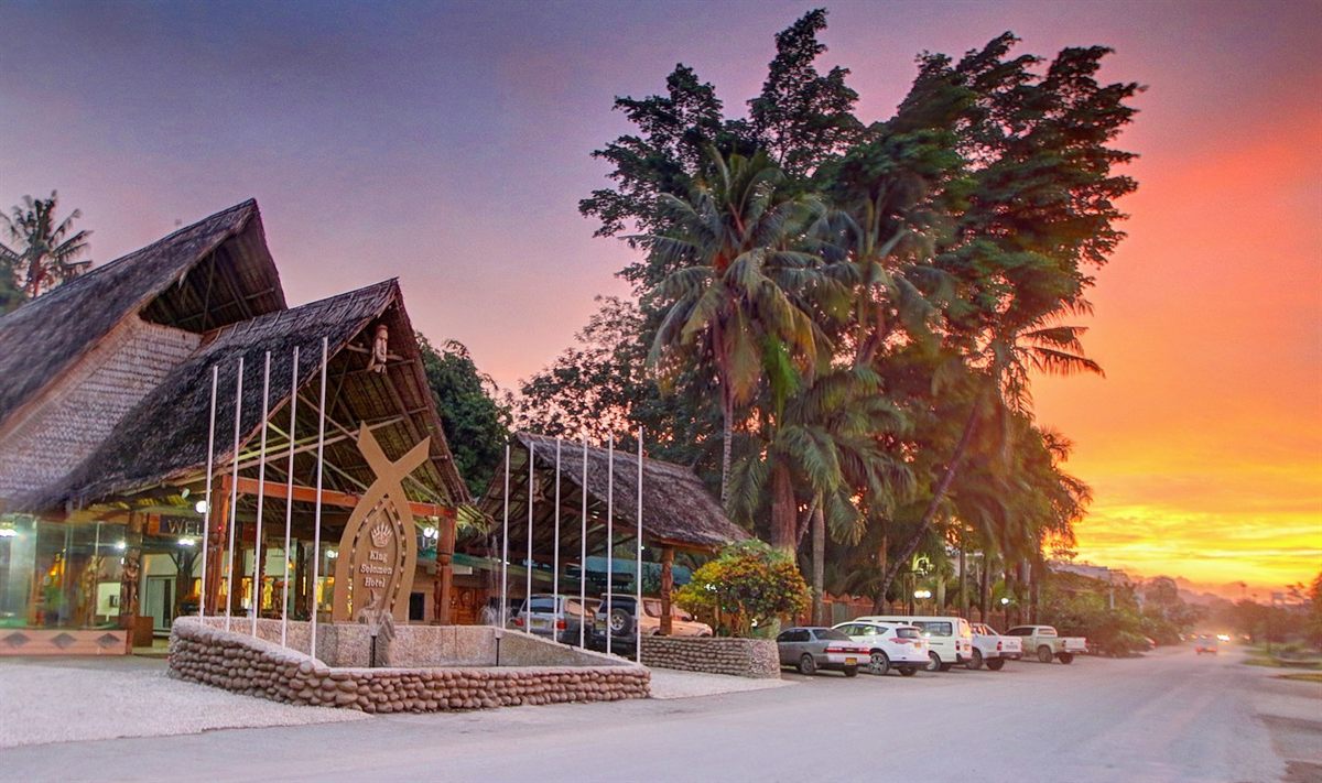 King Solomon Hotel's entrance at dusk