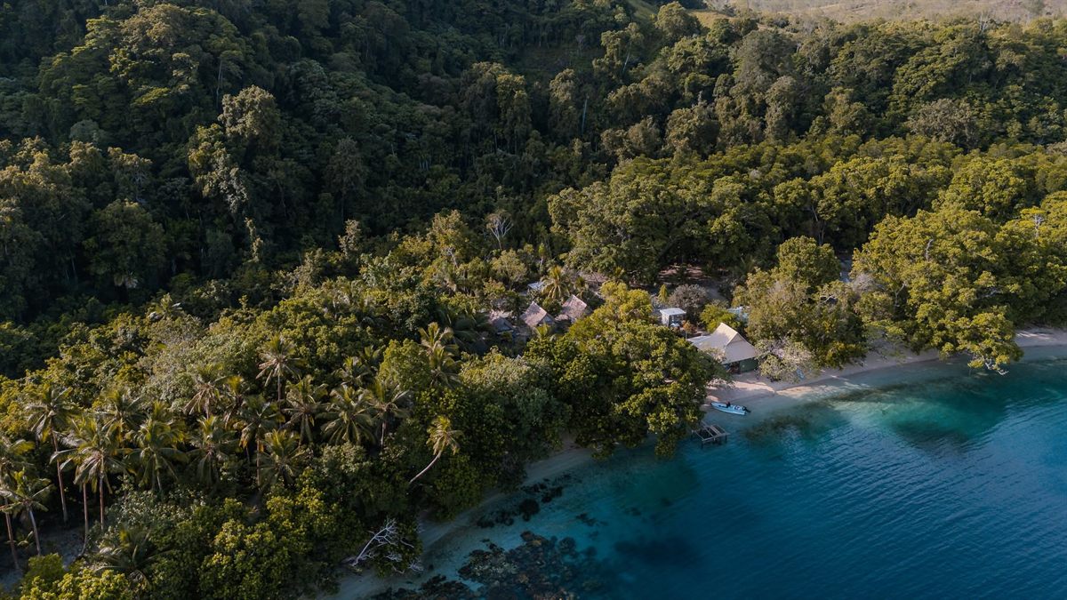 Aerial view of Nugu Beach Resort among the trees above the reef