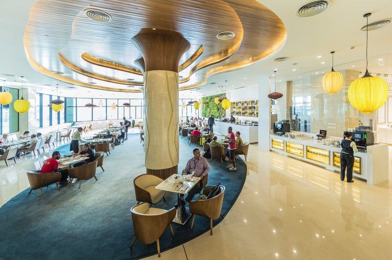 The bright, open dining room of Green Haus Restaurant