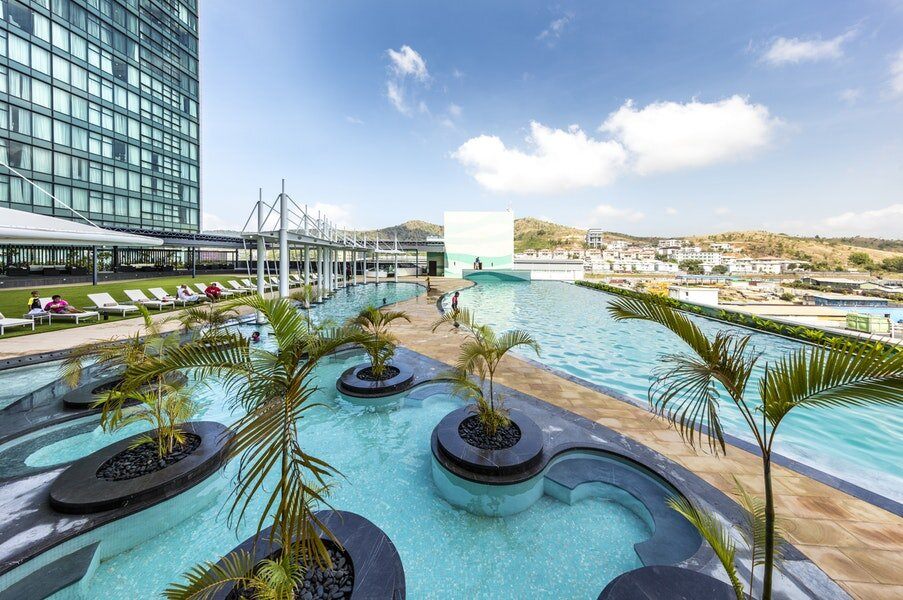 The palm-lined pool deck and lap pool beside the hotel tower