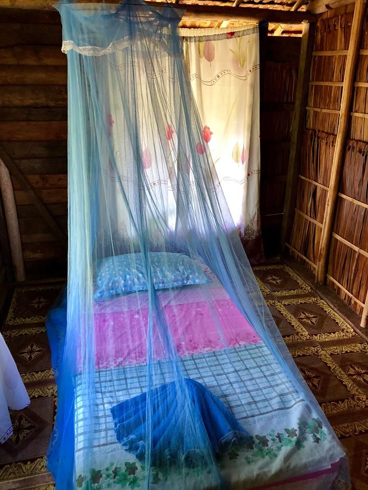 A single bed under a blue mosquito net in a room with woven leaf walls at Takapuna Rest House