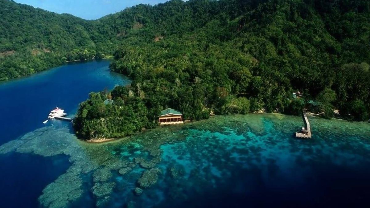 Aerial view of Tawali on its forested headland above the bay and fringing reef